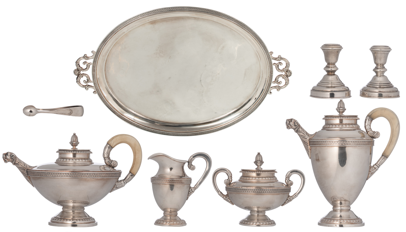 A German four-piece Neoclassical silver 925/000 coffee and tea set with ivory handles, on a matching