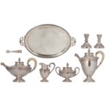 A German four-piece Neoclassical silver 925/000 coffee and tea set with ivory handles, on a matching