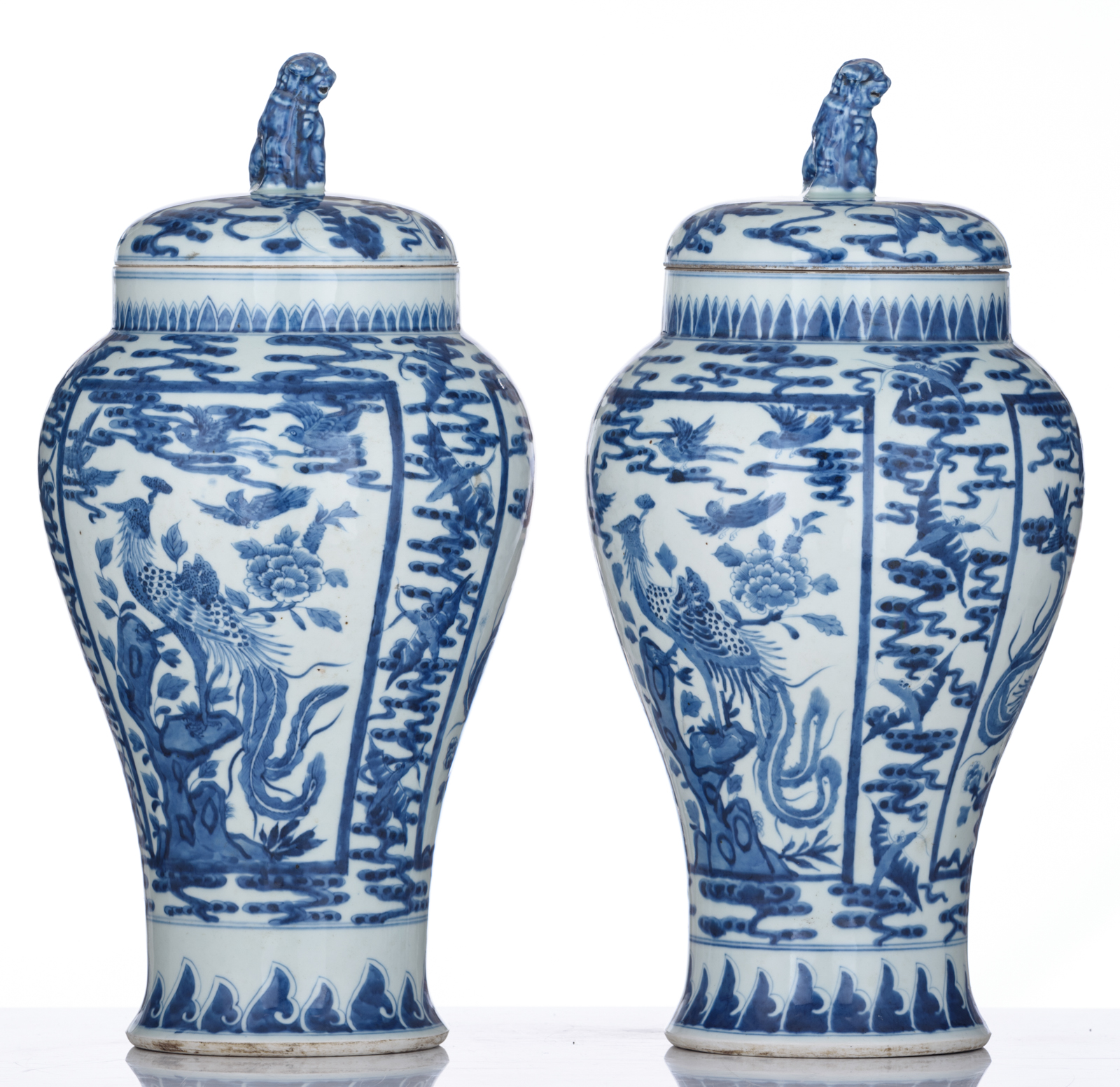 A pair of Chinese blue and white vases and covers, decorated with birds and flowers, 19thC, H 43 cm - Image 4 of 8