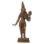 A Tibetan bronze figure, depicting Tara in Bodhisattva form, the left hand in vitarkamudra gesture,