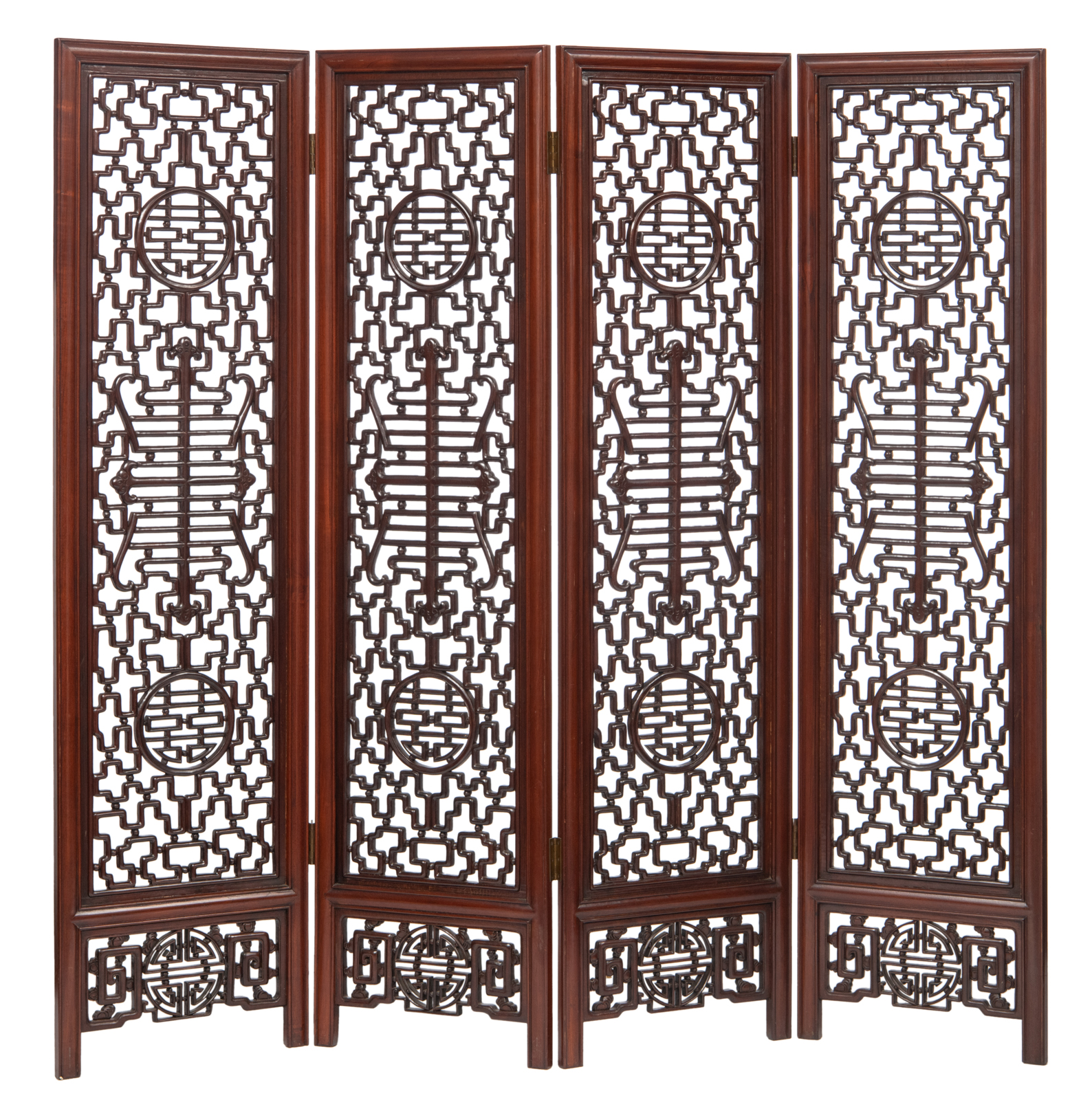 A Chinese rosewood four-panel screen, decorated with richly sculpted openwork ornaments, H 183 - W 4