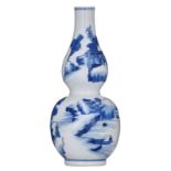 A Chinese blue and white double-gourd vase, decorated with figures in a mountainous river landscape,