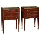 A pair of Neoclassical mahogany veneered side tables, with brass mounts and a gris Ste Anne marble t