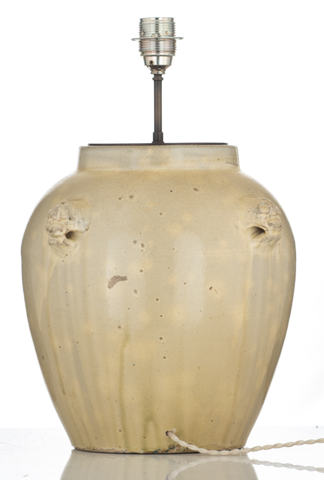 A Chinese olive green Song type ware vase, the handles Fu lion's head-shaped, with two seal marks, m - Image 3 of 7