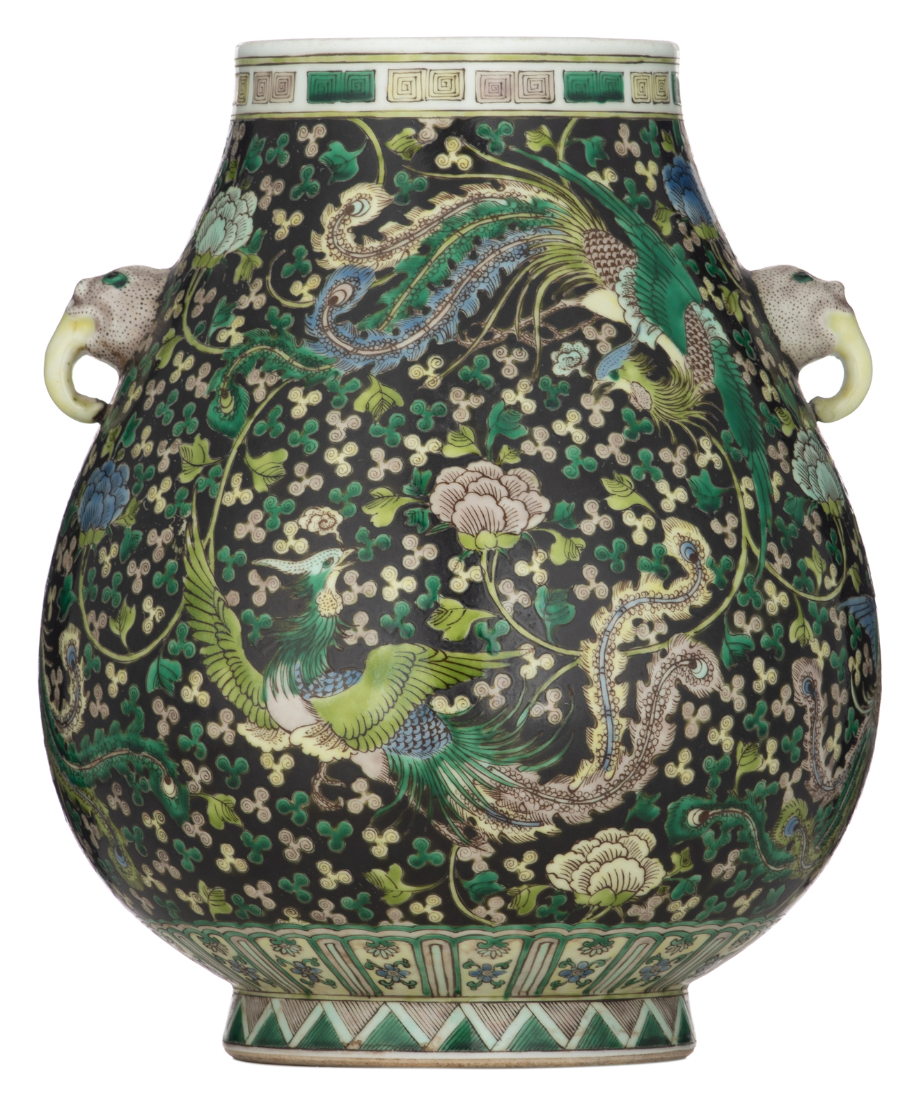 A Chinese black ground famille verte hu-vase, decorated with phoenix, H 30 cm
