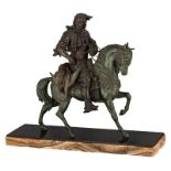 Bayre A.L., a horse riding Arabian hunter, patinated zamac on a noir Belge and onyx base, H 56 - W 7