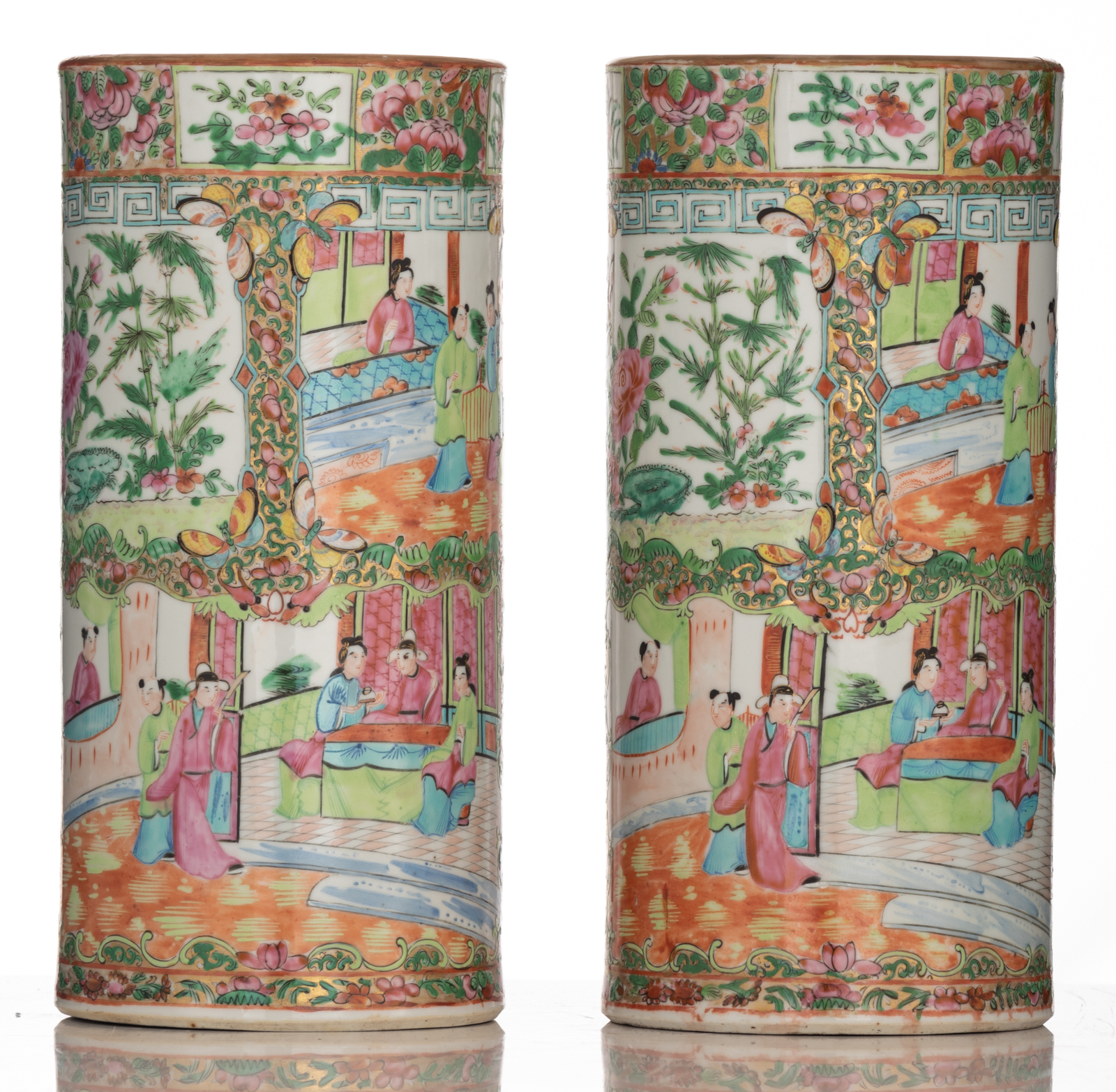 Two Chinese Canton cylindrical vases, decorated with birds and animated scenes, H 31 cm - Image 4 of 6