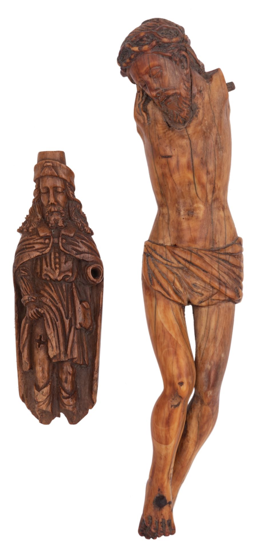 A rare bone and delicate sculptured figure of Saint Roch lifting his robe, Southern Germany, 16thC;