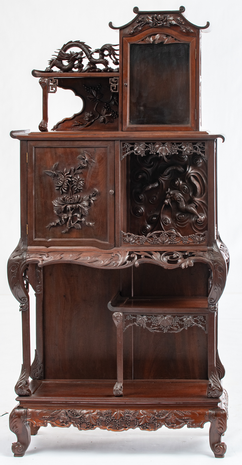 A Chinese inspired exotic hardwood display cabinet, richly sculpted with flowers, bats and dragons, - Image 2 of 5