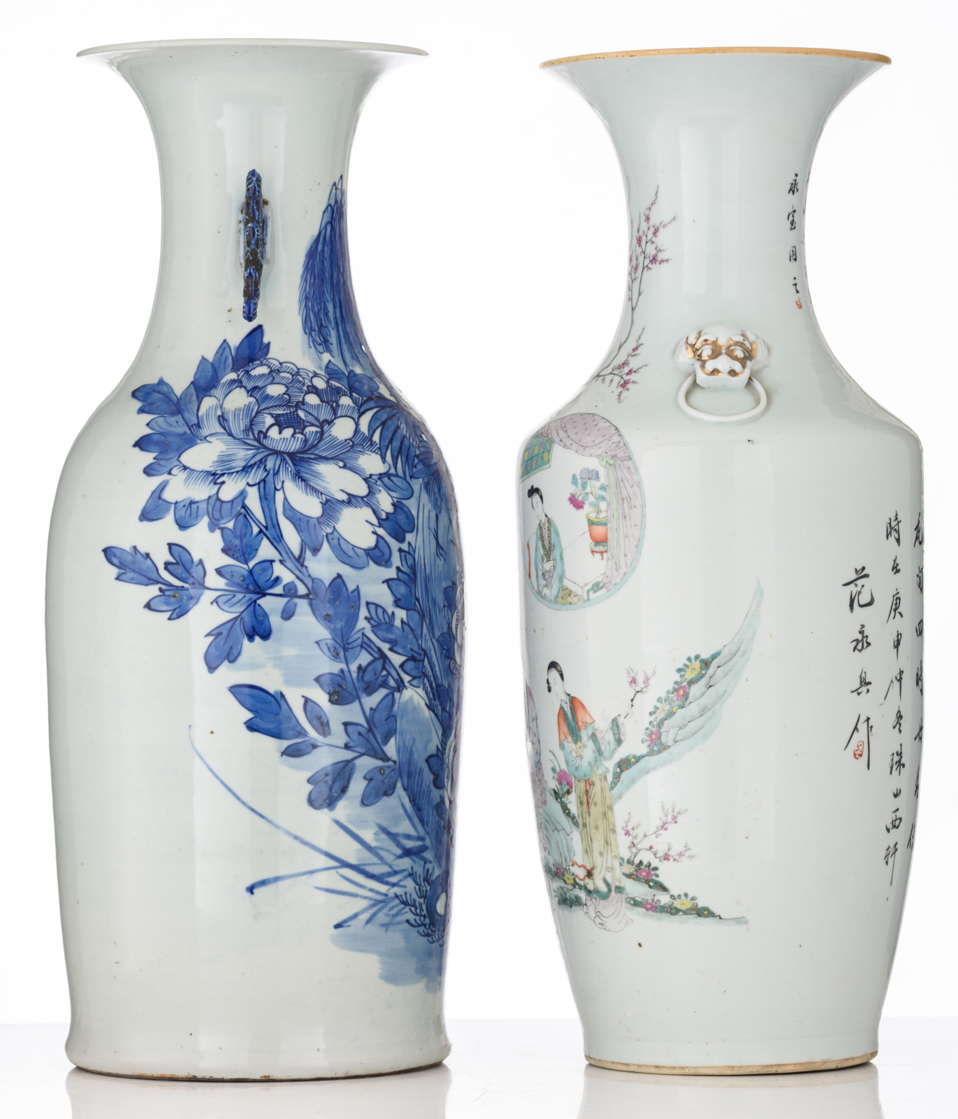 A Chinese famille rose vase, decorated with an animated scene with ladies, the back with calligraphi - Image 2 of 6