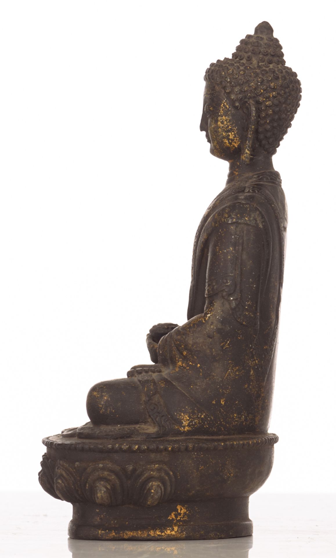 An Oriental gilt decorated bronze figure, depicting a meditating seated Buddha, on a lotus base, H 2 - Image 2 of 5