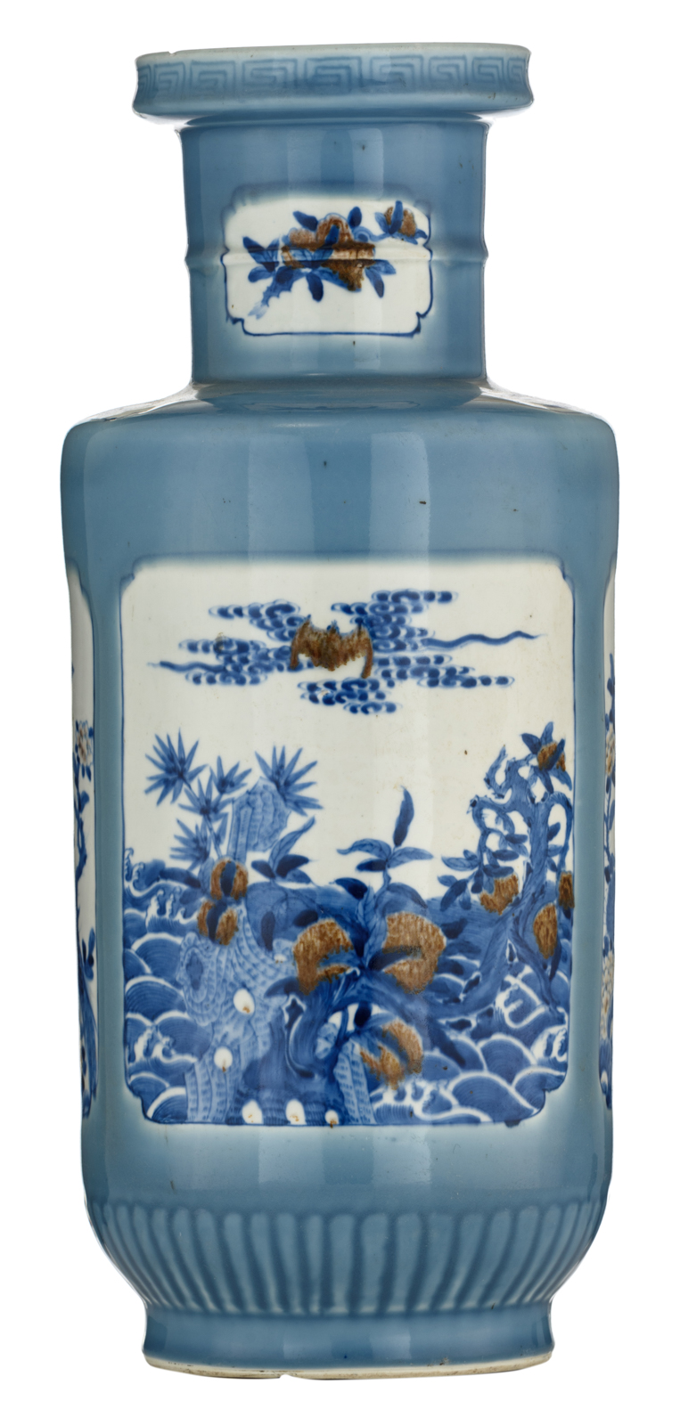 A Chinese claire-de-lune glazed rouleau vase, the panels decorated with bats, birds and flower branc