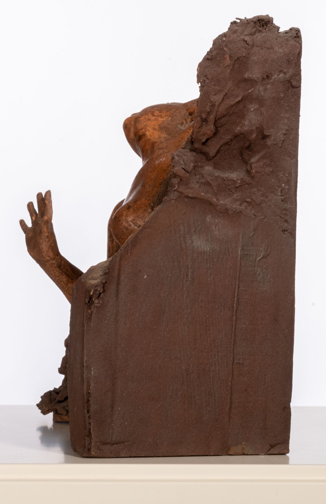 Dumortier J., an untitled brown painted terracotta sculpture of a naked woman reaching out, on a whi - Image 3 of 8