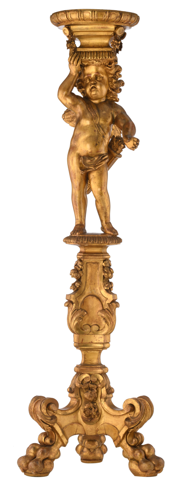 A 19thC Baroque Revival gilt wooden pedestal depicting an Amor figure on a stand, H 149cm