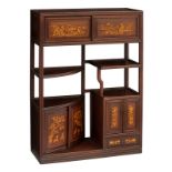 A Chinese rosewood display cabinet, the panels with inlaid decoration of a lighter wood kind, depict