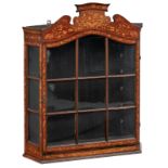 An 18thC Dutch wall display cabinet, decorated with floral mahogany and cherry wood marquetry veneer