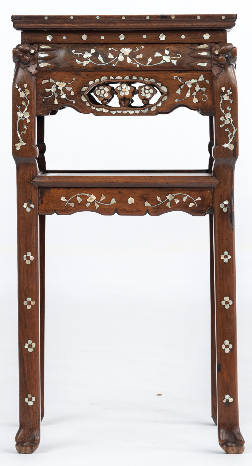 A Chinese rosewood furniture set, with inlaid marble plaques and mother-of pearldecoration, consisti - Image 8 of 16