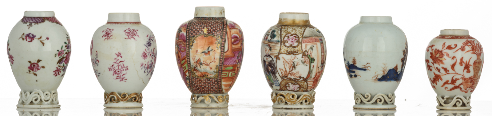 Six Chinese polychrome, iron red and famille rose tea caddies, decorated with flowers, figures and l - Image 5 of 7