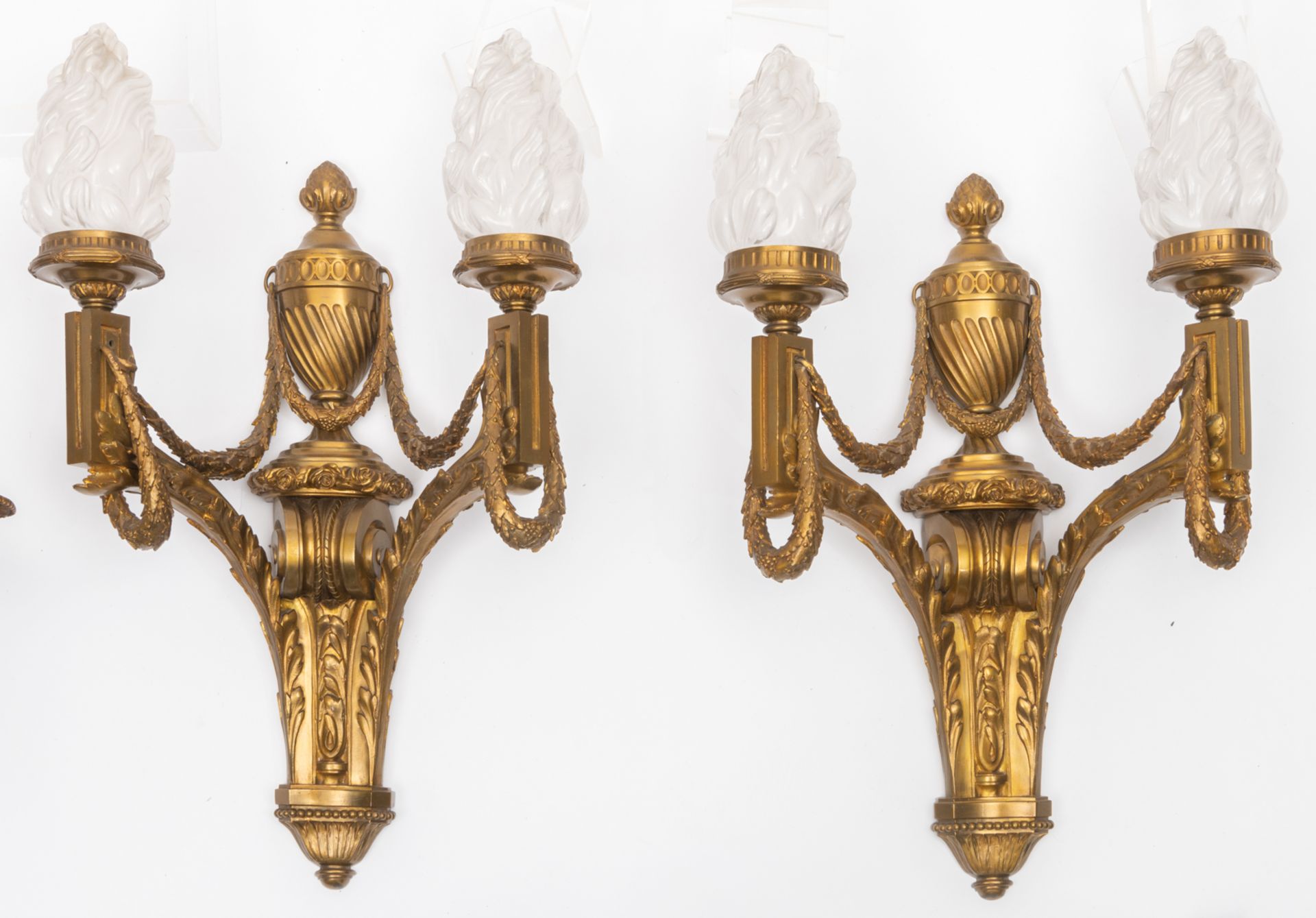 A pair of gilt bronze Baroque Revival wall lamps, H 47 - W 41 cm; added a matching pair of Neoclassi - Image 2 of 5