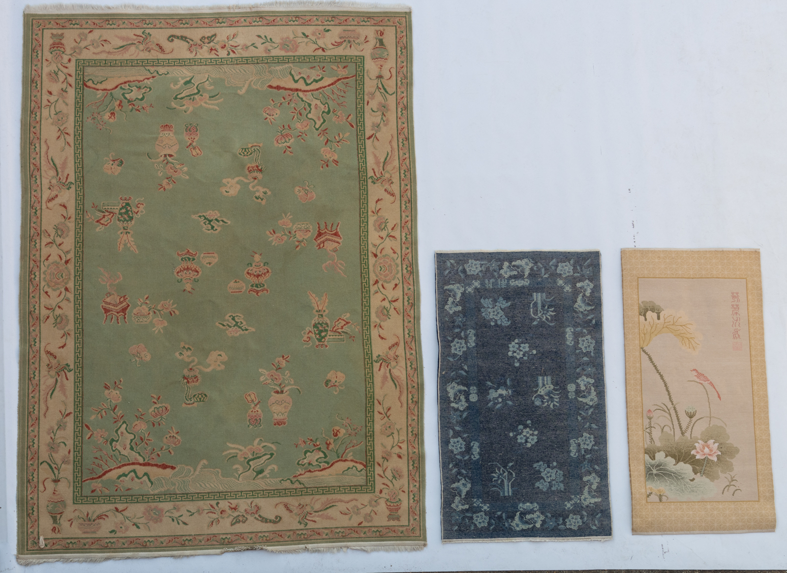 Three Chinese woollen rugs, one decorated with antiquities, 235 x 167 cm, one decorated with floral - Image 2 of 6