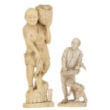 Two Japanese ivory okimono: one depicting a fishmonger, Meiji period, H 21 cm - weight c. 488 g; the