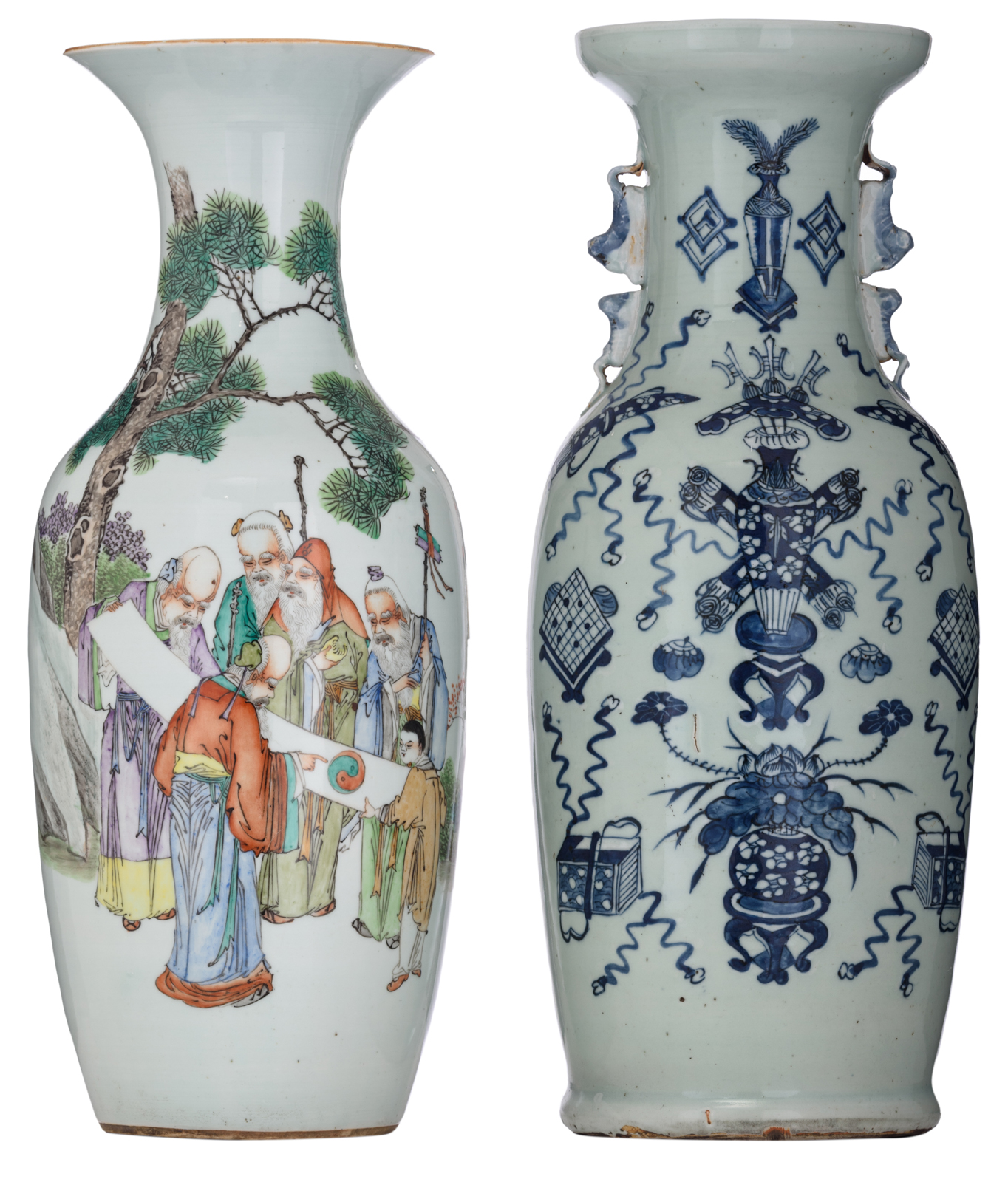 A Chinese celadon ground blue and white vase, decorated with auspicious symbols; added a ditto polyc