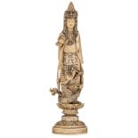 A Japanese ivory carved figure with a dragon on a lotus base, signed, Meiji period, H 31 cm - weight