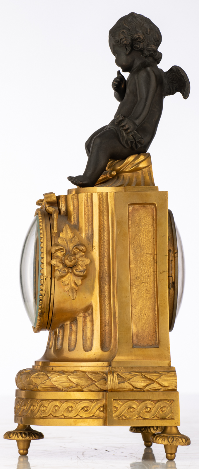 A French column-shaped gilt bronze mantle clock, with a patinated bronze amor on top, the dial marke - Image 2 of 10