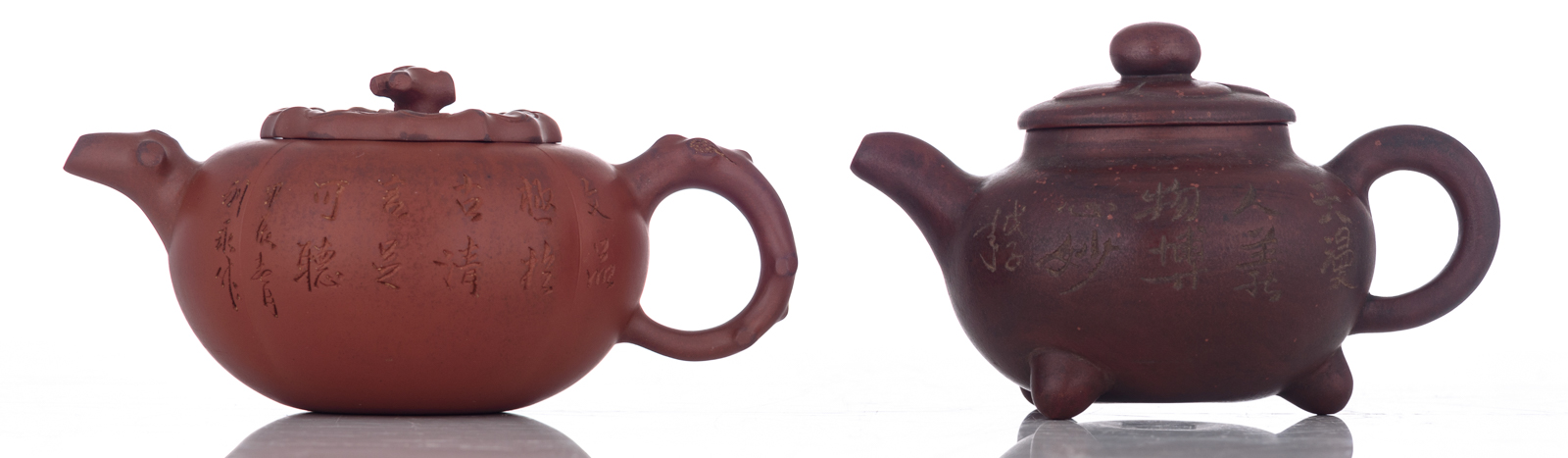 Two Chinese Yixing teapots and covers with calligraphic texts, marked; added two Chinese carved ston - Image 4 of 14