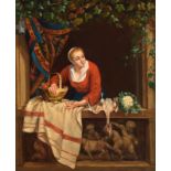 Monogrammed V.H. (Hubert Van Hove?), a girl on the balcony with fruit, poultry and a cauliflower, 19