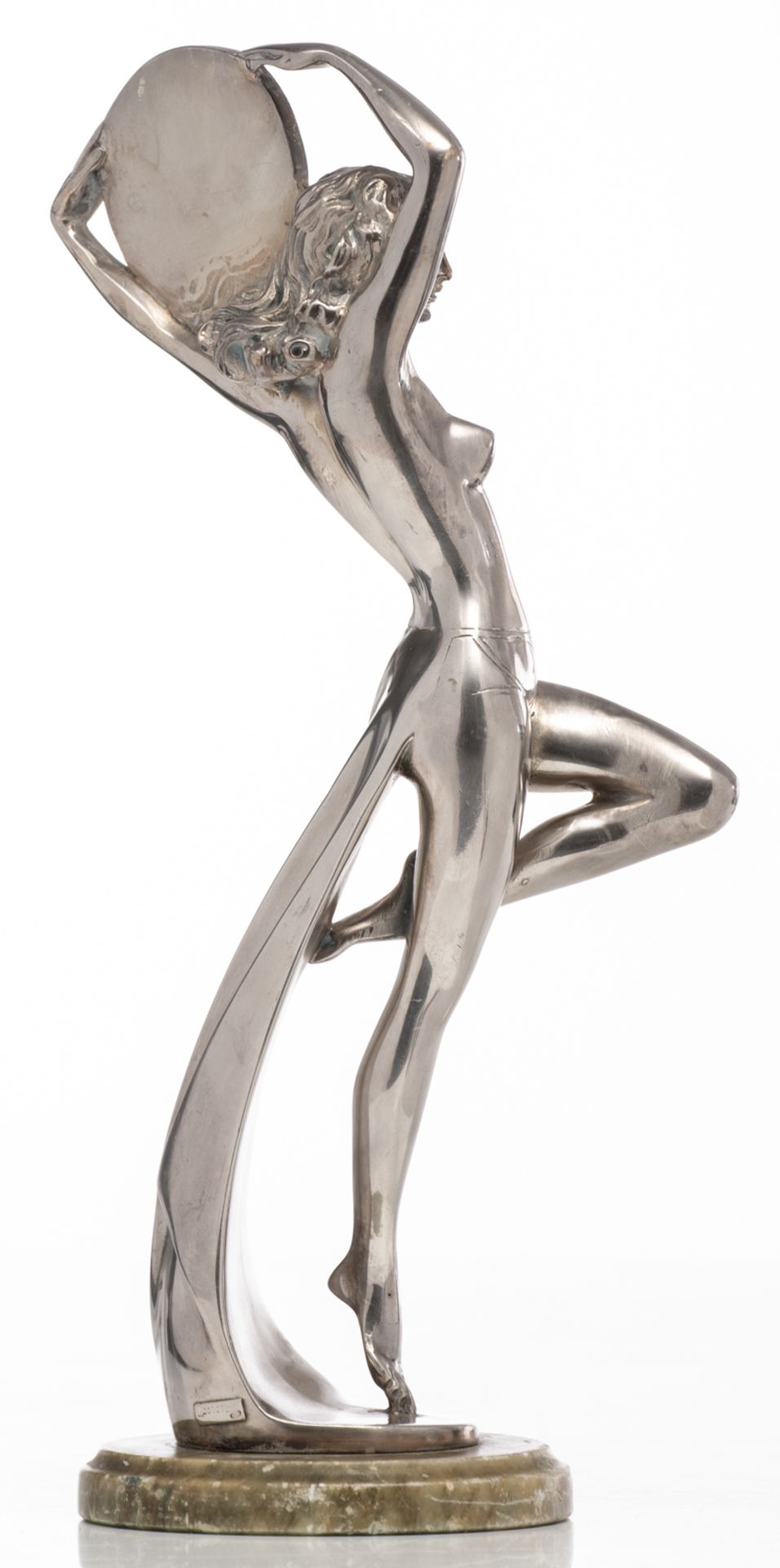 A probably Italian silver-plated Art Deco sculpture of a nude beauty holding a shield, indistinctly - Bild 4 aus 6