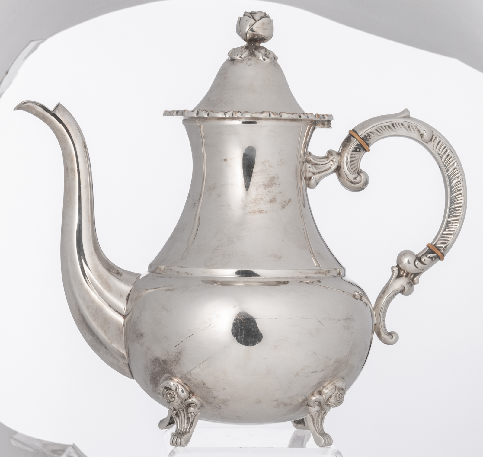 A silver plated five-piece coffee and tea set, decorated with flower-shaped knobs', probably German, - Image 4 of 27