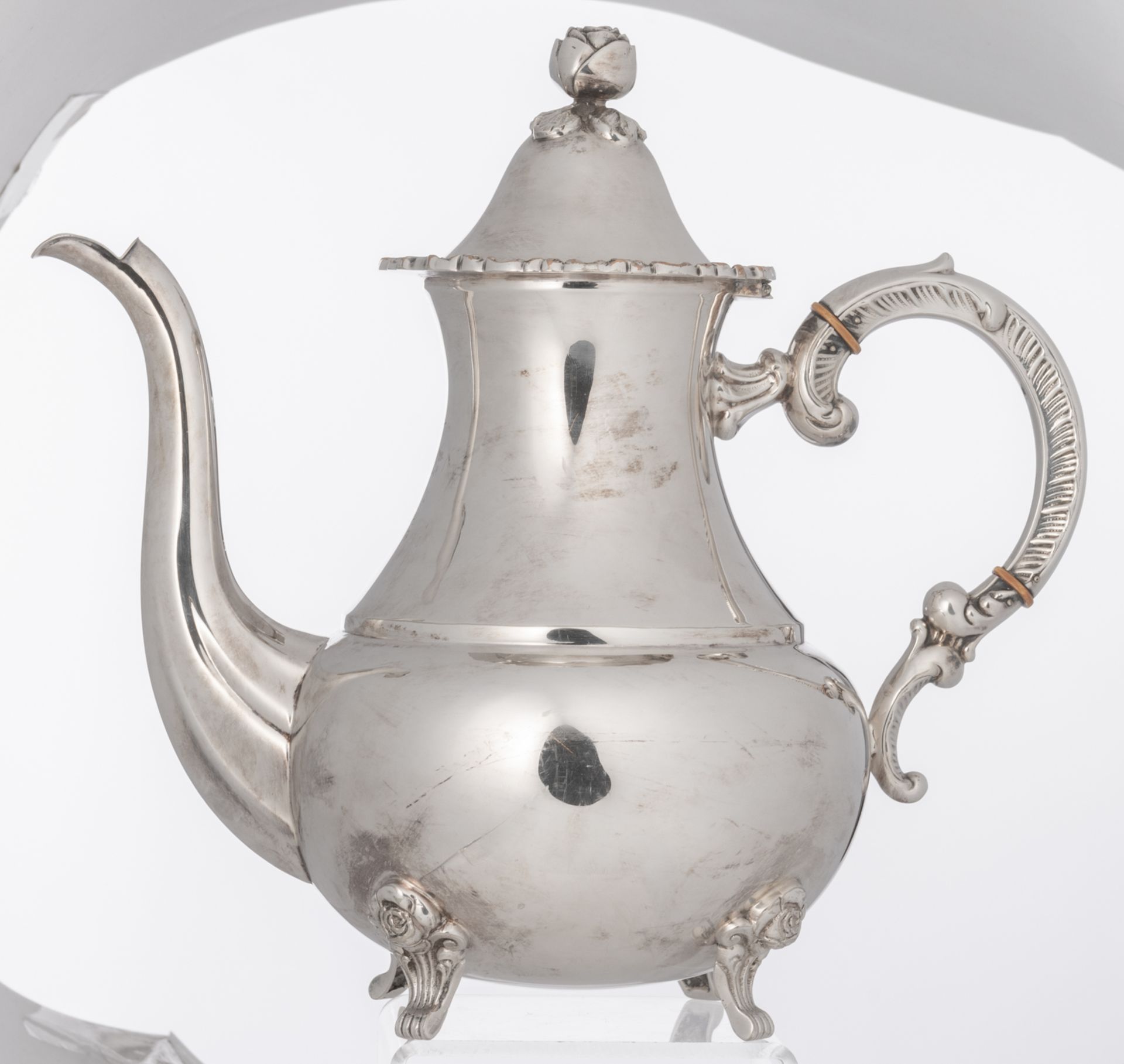 A silver plated five-piece coffee and tea set, decorated with flower-shaped knobs', probably German, - Bild 4 aus 27