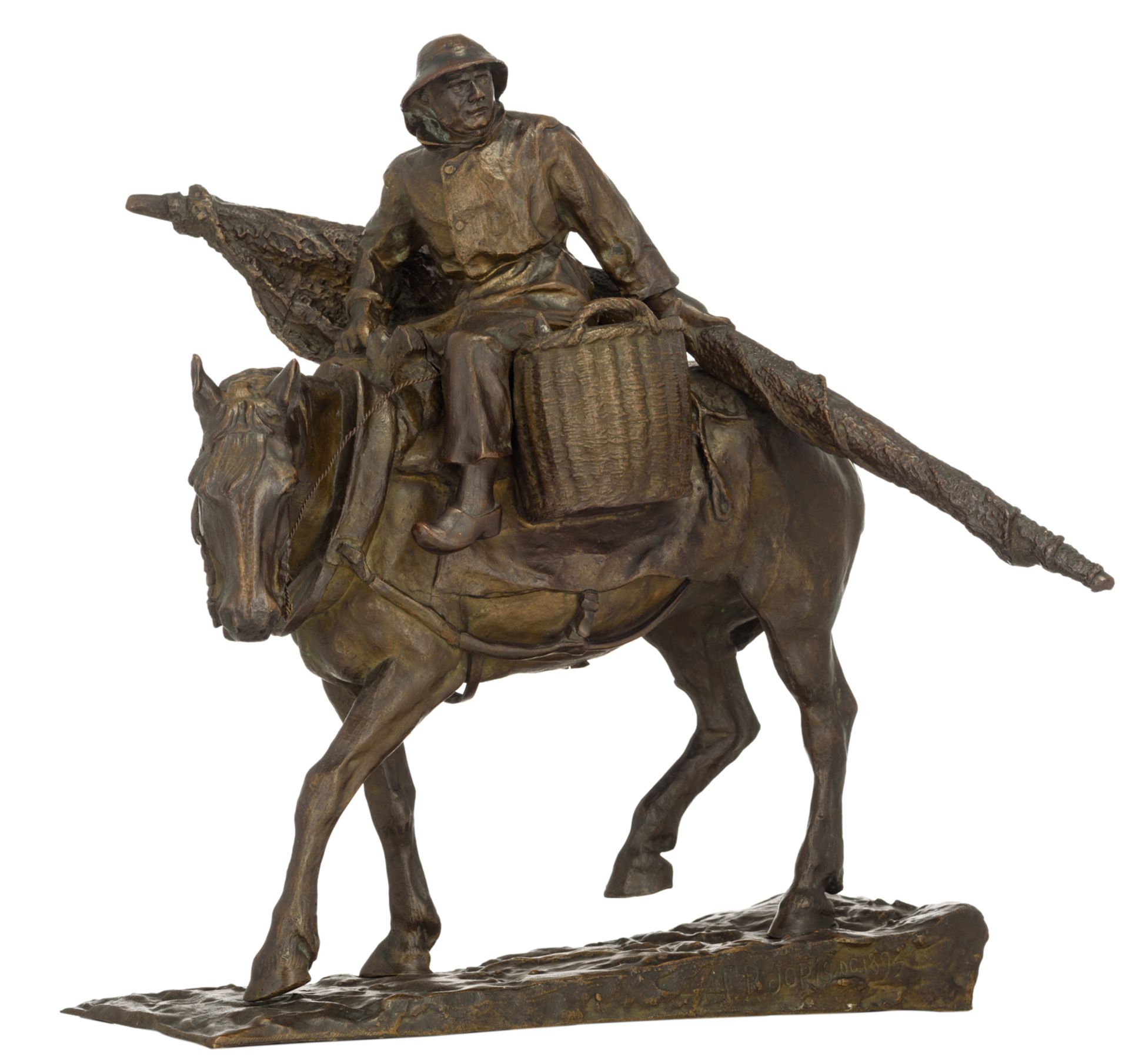 Joris F., a fisherman on horseback, dated 1895, brown patinated bronze, H 46 cm
