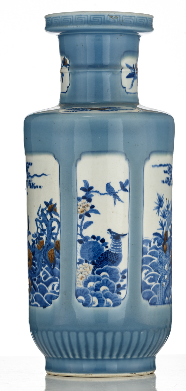 A Chinese claire-de-lune glazed rouleau vase, the panels decorated with bats, birds and flower branc - Image 2 of 6