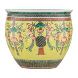 A Chinese yellow ground floral decorated jardiniere, 20thC, H 30,5 - ø 35,5 cm