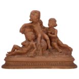 Zanibi J., three playing Bacchanal figures, terracotta, H 44 - W 58 cm
