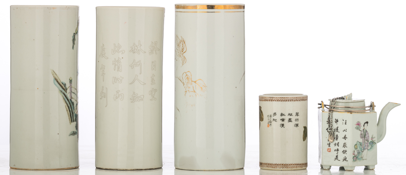 Three Chinese cylindrical vases, polychrome, Indian ink and gilt decorated; added a ditto brushpot a - Image 3 of 12