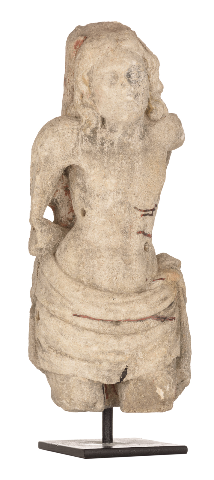 A standing sandstone figure (torso) of Saint Sebastian, early 15thC, Burgundy, H 43cm