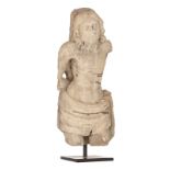A standing sandstone figure (torso) of Saint Sebastian, early 15thC, Burgundy, H 43cm
