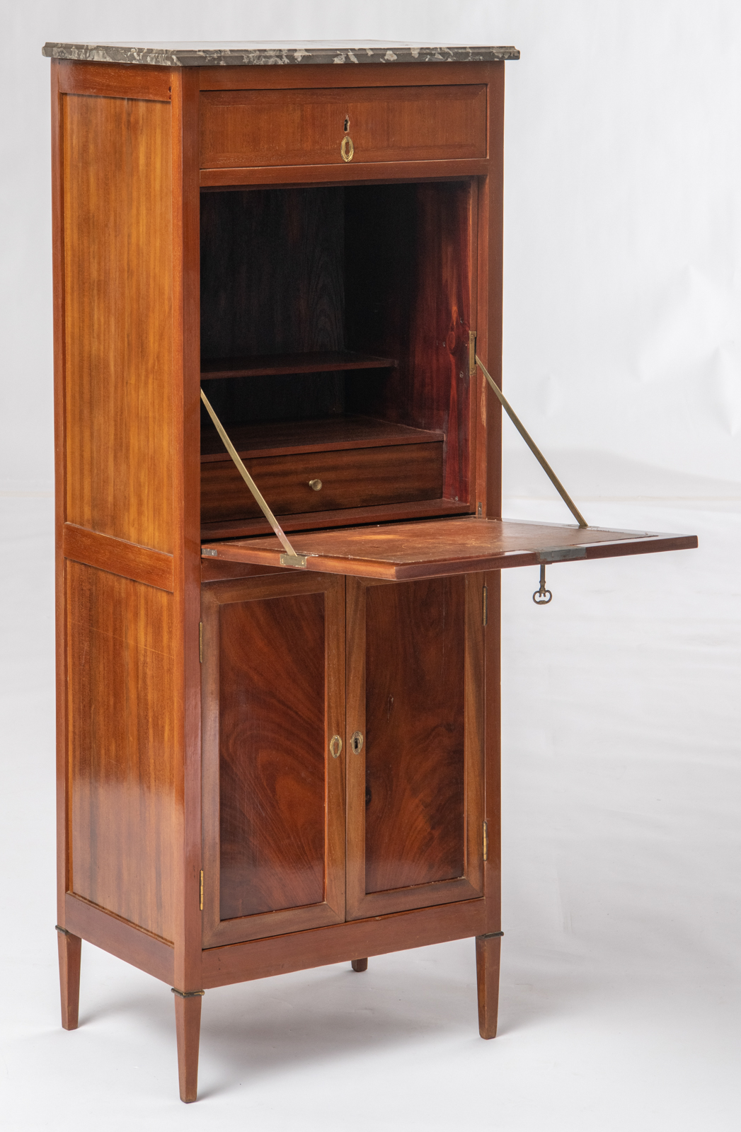 A slender mahogany veneered fall front desk with Neoclassical gilt bronze escutcheons and a gris Sai - Image 7 of 7