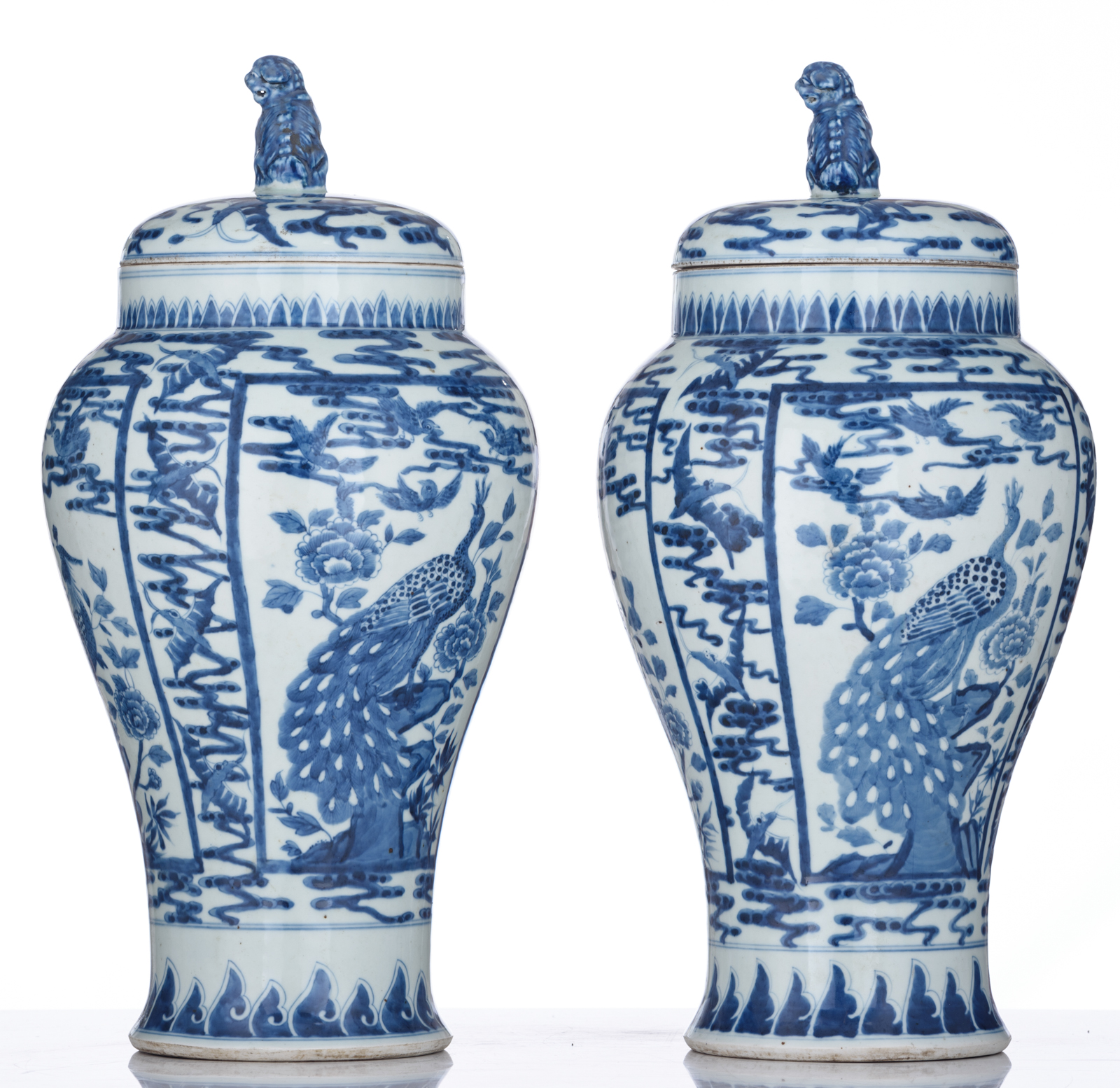 A pair of Chinese blue and white vases and covers, decorated with birds and flowers, 19thC, H 43 cm - Image 2 of 8