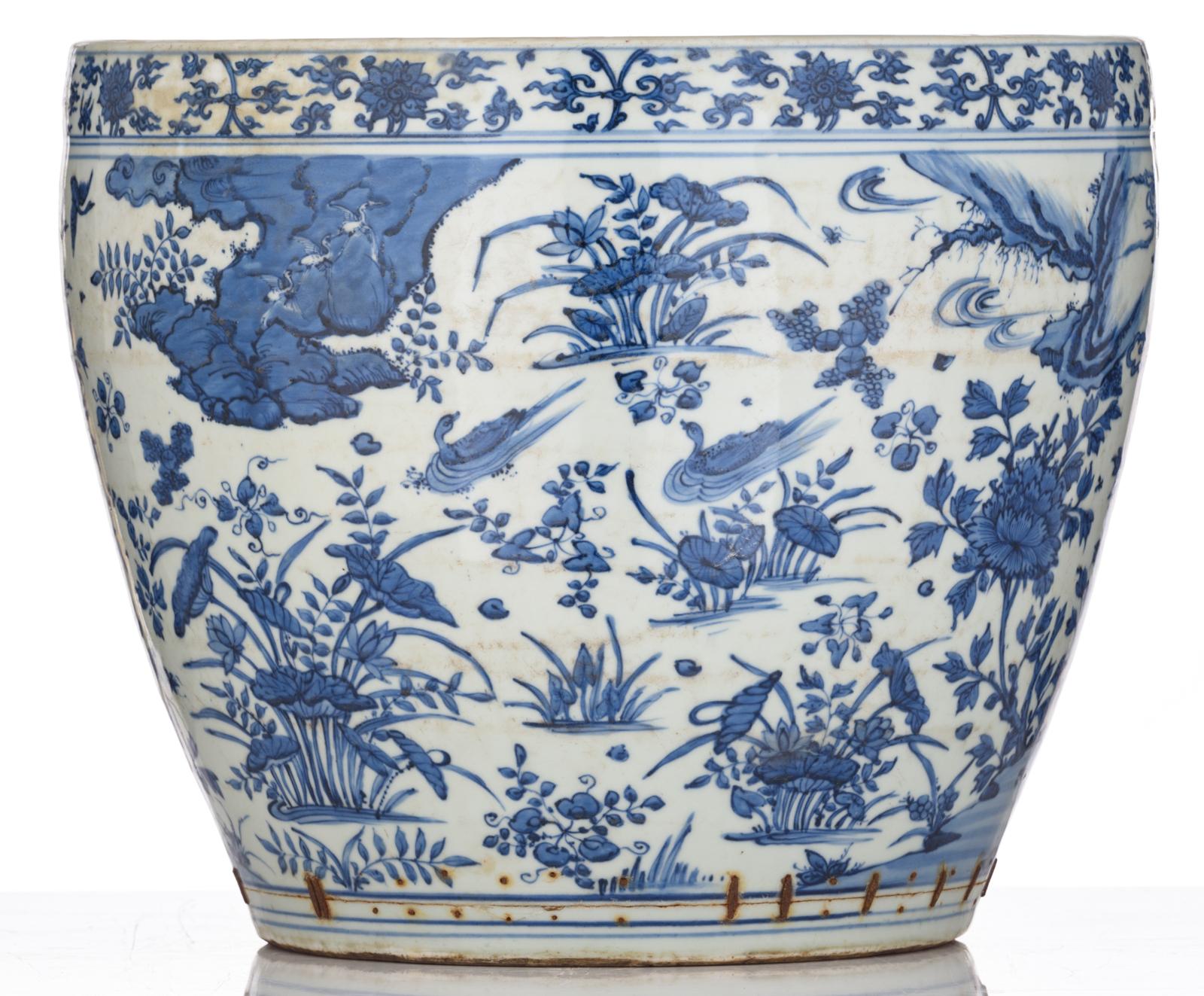 A Chinese blue and white jardiniere, all-over decorated with flowers and birds in a river landscape, - Image 5 of 7