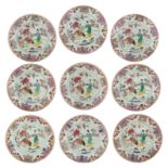 Nine Chinese famille rose dishes, decorated with an animated scene, 18thC, ø 22 cm