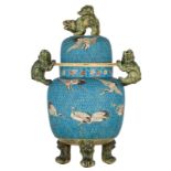 A Japanese polychrome incense burner, the handles and the knob of the cover Fu lion's head-shaped, t