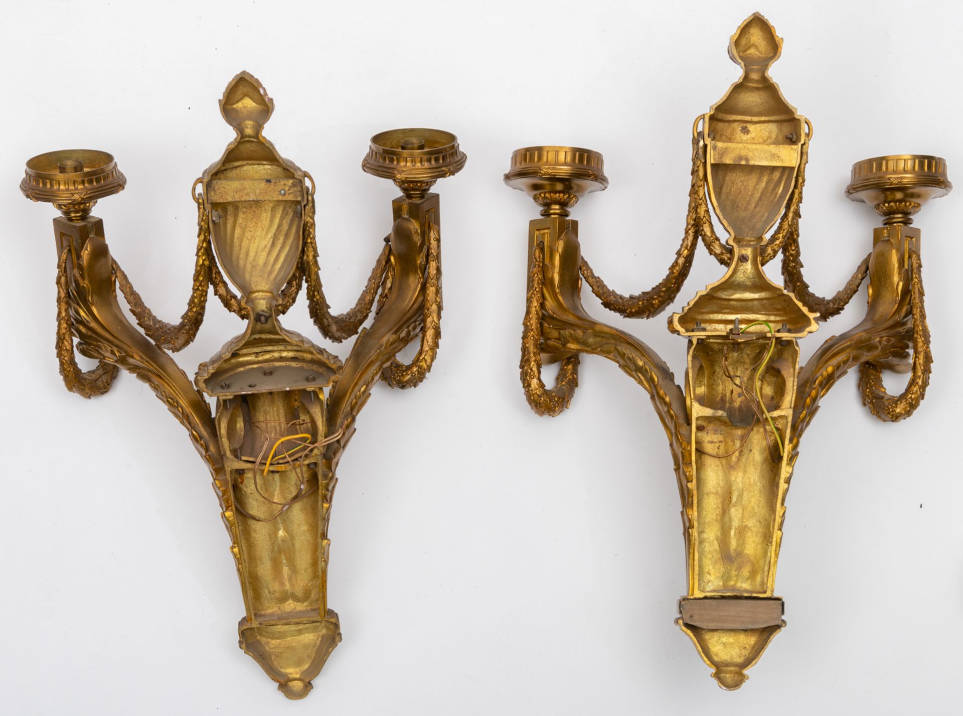 A pair of gilt bronze Baroque Revival wall lamps, H 47 - W 41 cm; added a matching pair of Neoclassi - Image 5 of 5