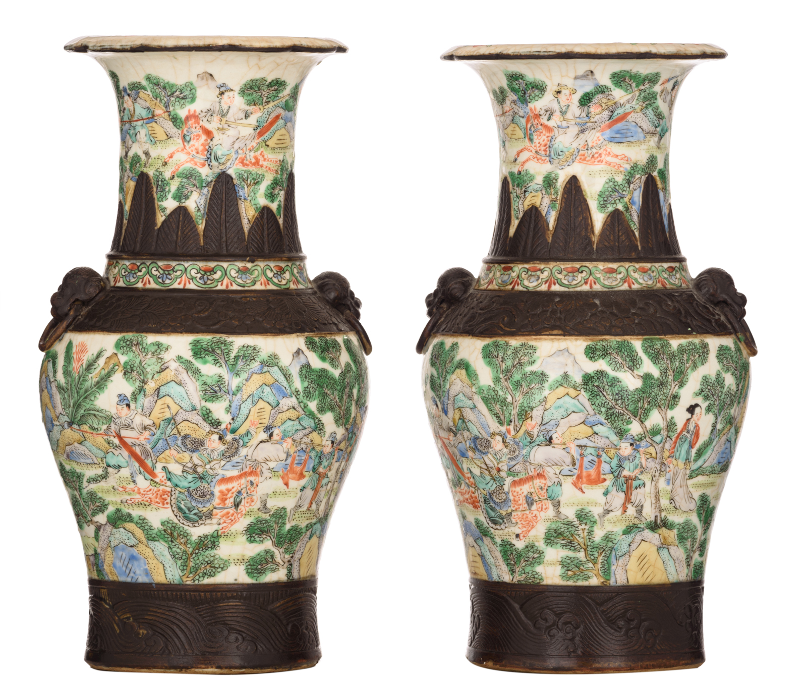 Two Chinese crackleware ground famille verte Nanking vases, all-over decorated with animated scenes