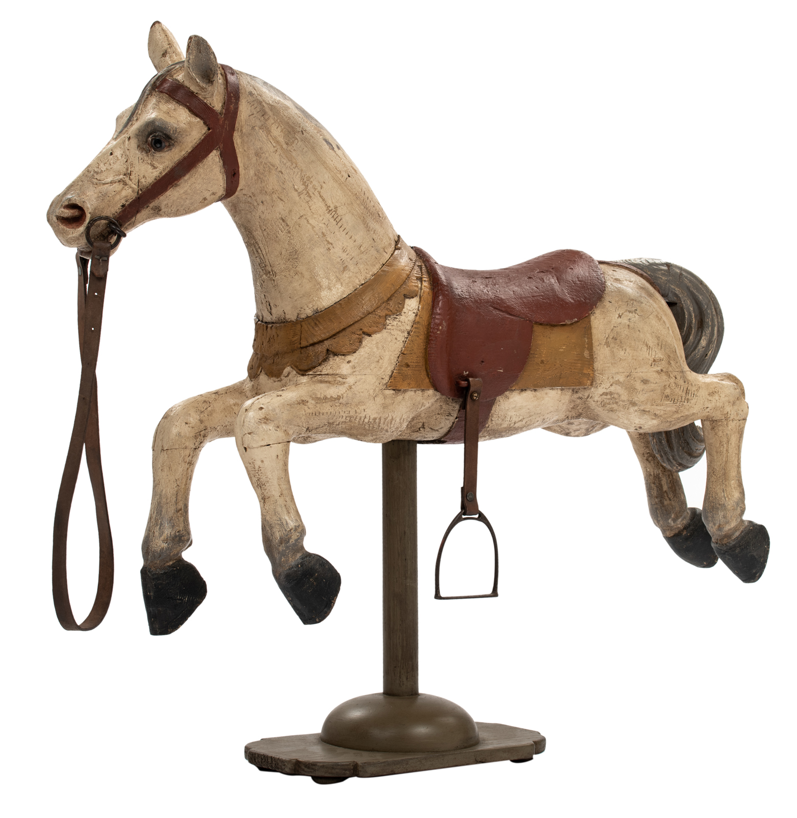 A wooden polychrome painted carousel horse mounted on a recent wooden stand, H (with stand) 138 cm /