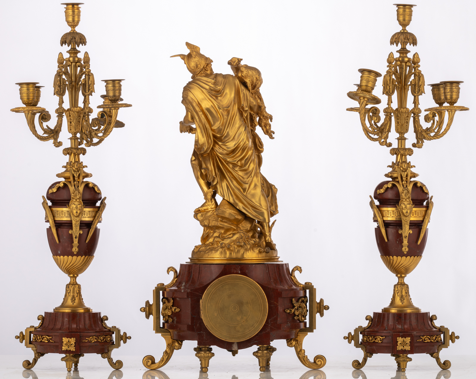 A Neoclassical three-piece rouge Napoleon marble garniture, consisting of a pair of vase-shaped cand - Image 3 of 9