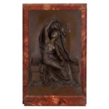 Chapu H., 'The thought', brown patinated alto relievo bronze on a rouge Napoleon marble plaque, H 60